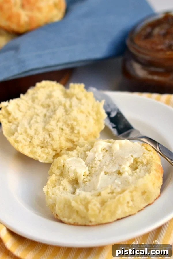A single, perfectly baked small batch biscuit resting on a white plate, cleanly sliced open and generously buttered, beautifully highlighting its soft, layered interior and golden crust.