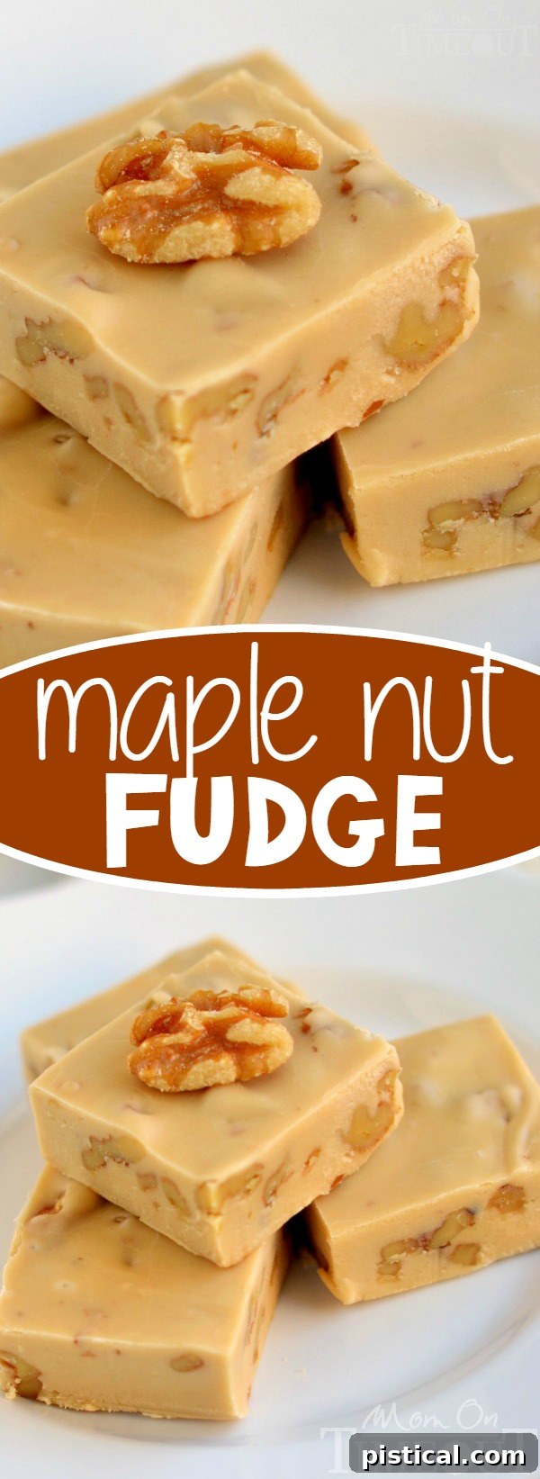 This Creamy Maple Nut Fudge is a breeze to make! Crunchy toasted walnuts add amazing texture and flavor to this decadent fudge recipe! // Mom On Timeout #maplenutfudge #fudgerecipes #fudgerecipe #fudge #holidays #christmas A beautiful collage of maple nut fudge, showcasing different angles and textures, with toasted walnuts visible on top, enticing viewers to try this holiday treat.