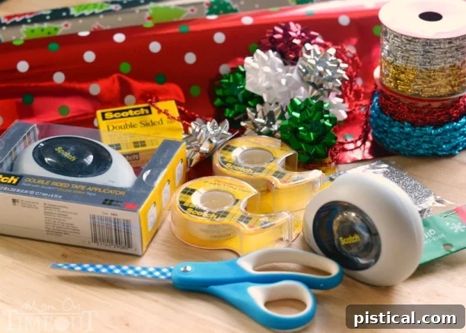 Close-up shot of all materials neatly laid out for making Gift Wrap Medallion Ornaments: patterned wrapping paper, scissors, ribbon, mini bows, and Scotch double-sided tape.