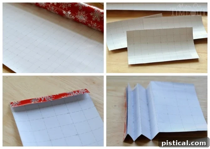 Measuring and cutting festive wrapping paper into three equal rectangles, using grid lines on the back for precision, for DIY Christmas medallions.