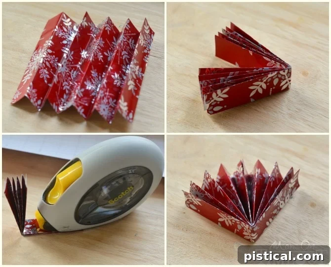 Step-by-step accordion folding of holiday wrapping paper, guided by grid lines, to create a fan shape for a Christmas medallion ornament.