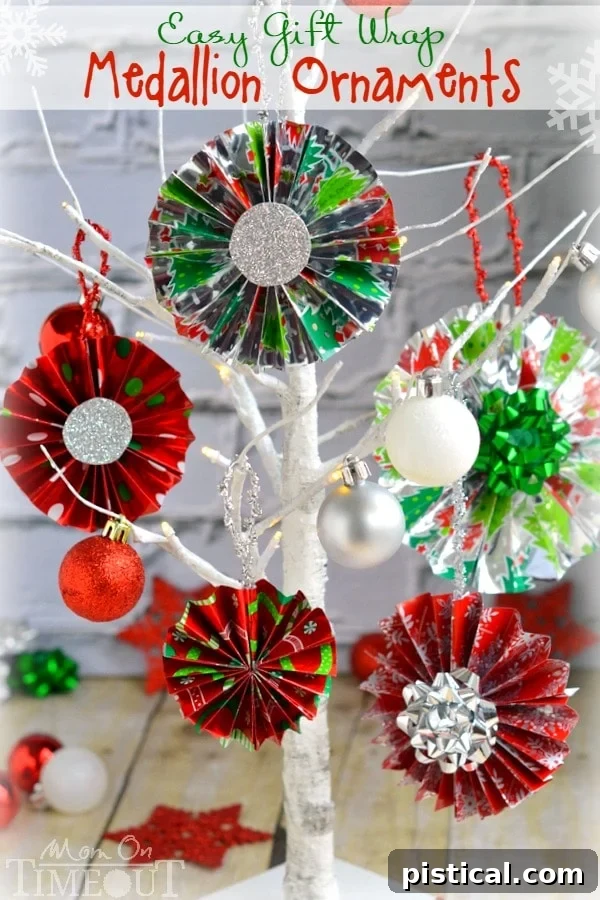 A collection of handmade Gift Wrap Medallion Ornaments showcasing various festive patterns, hanging on a beautifully decorated Christmas tree, ready for the holidays.