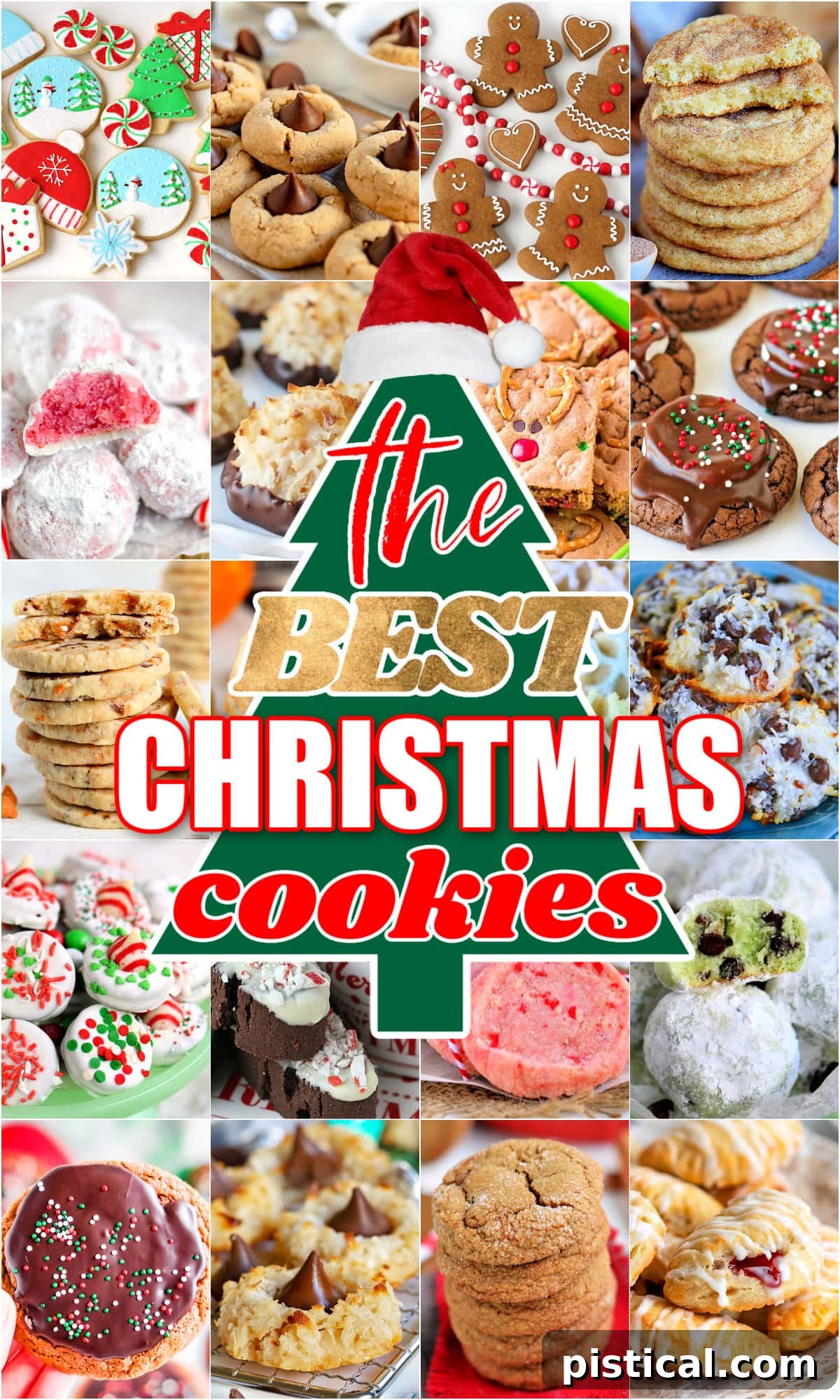 collage of 20 christmas cookies with the best Christmas cookies text overlay on top of a tree