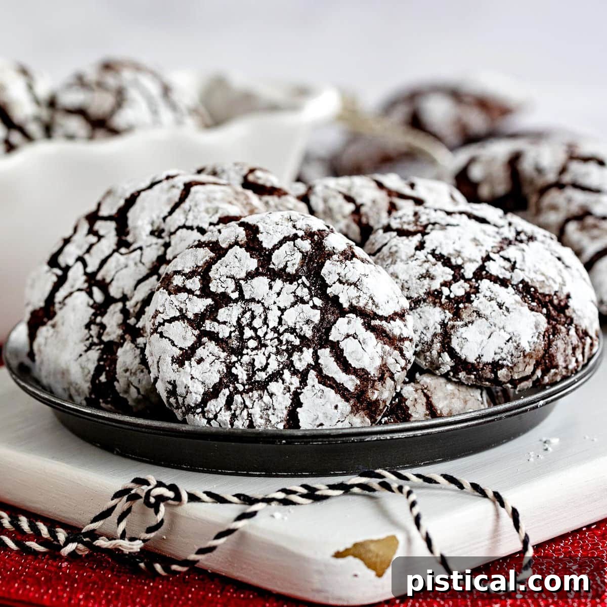 plate of chocolate crinkle cookies sitting on white wood board on red sparkly placemat. black and white twine sitting on board and more cookies can be seen in the background.