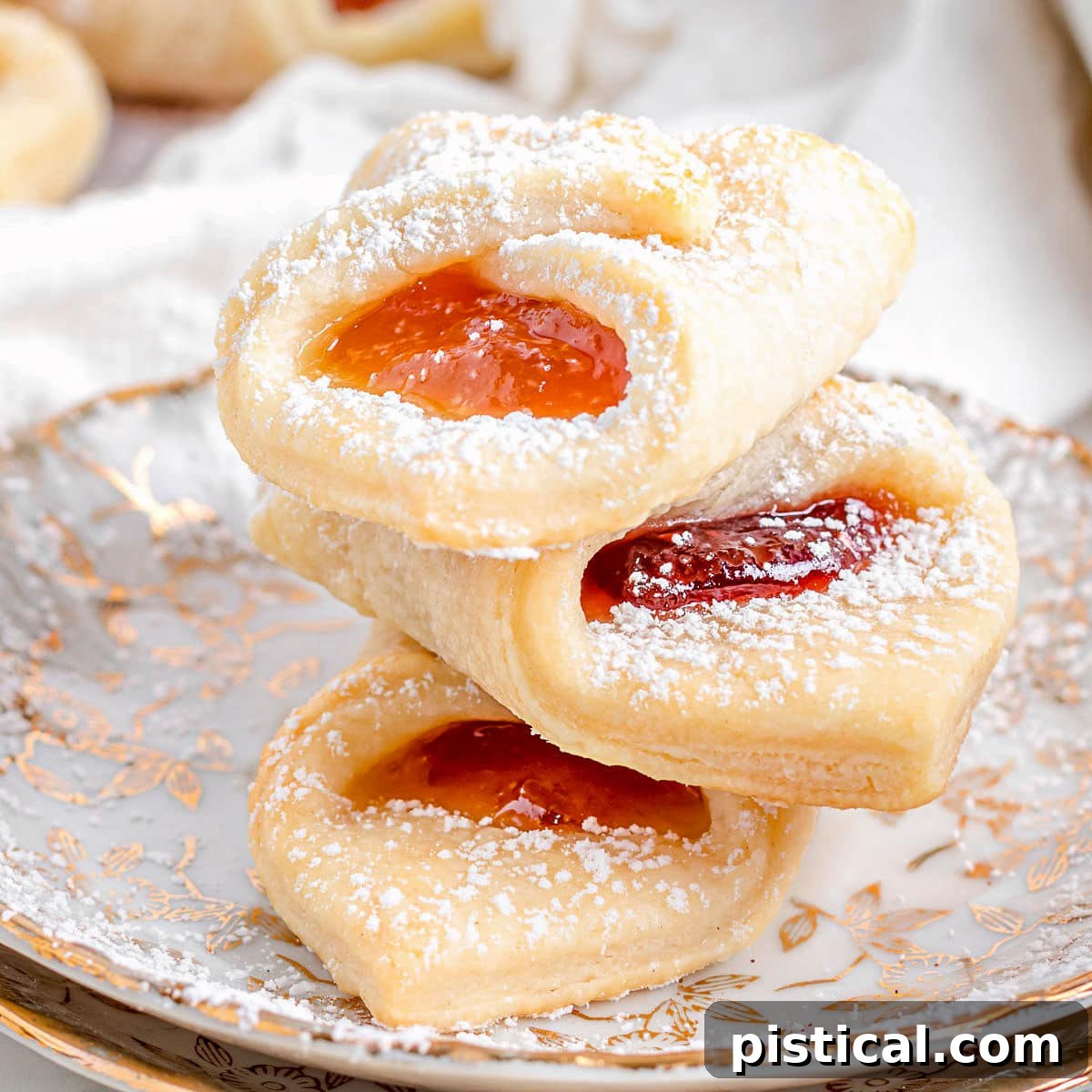 three kolackzi cookies stacked on each other on two gold rimmed plates.
