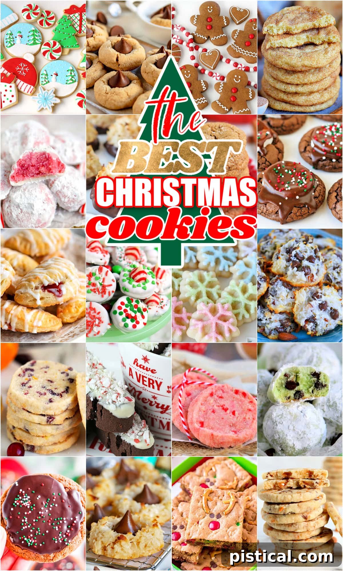 collage of 20 christmas cookies with the best Christmas cookies text overlay on top of a tree