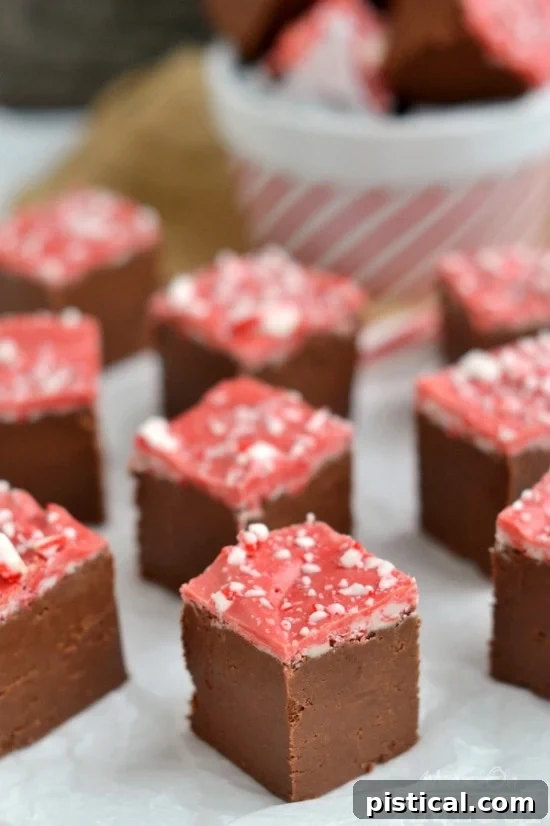 This Peppermint Mocha Fudge is just BEGGING to be served up at your holiday celebration! Perfectly festive and easy too! | MomOnTimeout.com | #chocolate #Christmas #dessert #peppermint #fudge