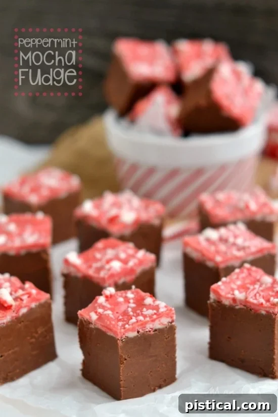 This Peppermint Mocha Fudge is just BEGGING to be served up at your holiday celebration! Perfectly festive and easy too! | MomOnTimeout.com | #chocolate #Christmas #dessert #peppermint #fudge