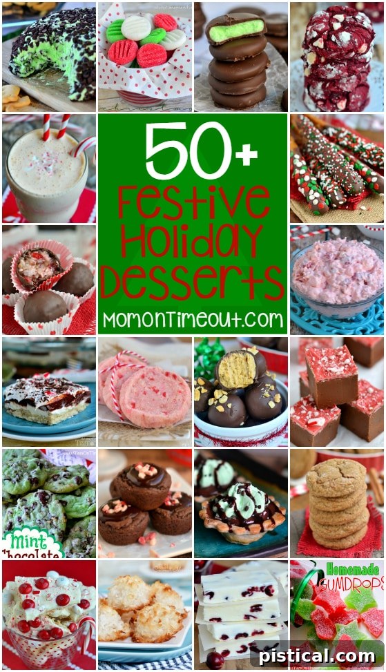 A festive holiday dessert spread featuring various sweet treats like cookies, cakes, and candies, all beautifully arranged for a Christmas celebration. The alt text suggests '50 Festive Holiday Desserts' for inspiration.