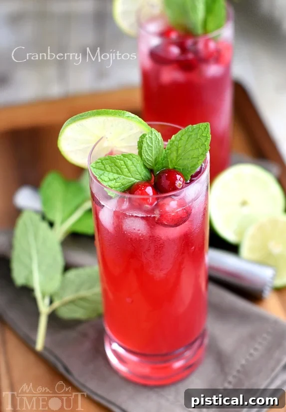 Ruby Red Refresher 2 A beautifully garnished glass of Cranberry Mojito, featuring fresh cranberries, mint leaves, and lime slices, set against a festive backdrop. Ideal for holiday celebrations.
