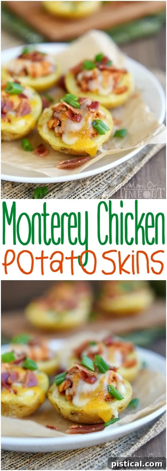 A large platter of Monterey Chicken Potato Skins, showcasing their golden crispness and generous toppings.