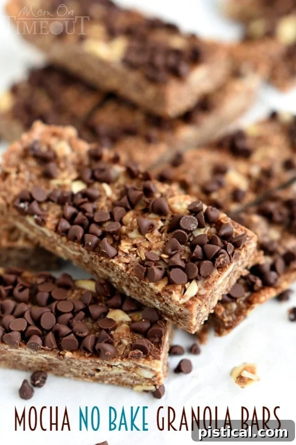 Rich Mocha No-Bake Energy Bars 2 Delicious and energizing Mocha No-Bake Granola Bars – ideal for quick breakfasts and satisfying snacks. Rich chocolate and coffee flavor packed with oats, nuts, and natural sweetness. | MomOnTimeout.com