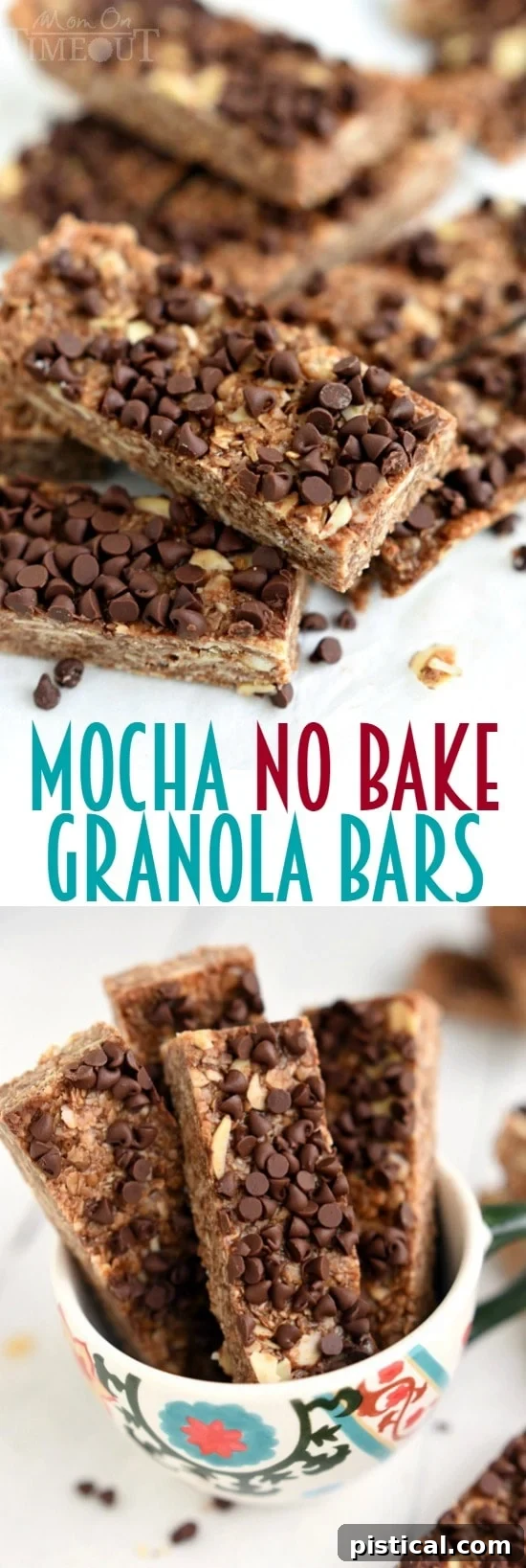 Rich Mocha No-Bake Energy Bars 6 A tall, eye-level shot of multiple Mocha No-Bake Granola Bars arranged neatly, emphasizing their homemade quality and enticing appearance. Perfect for Pinterest sharing or recipe features. | MomOnTimeout.com