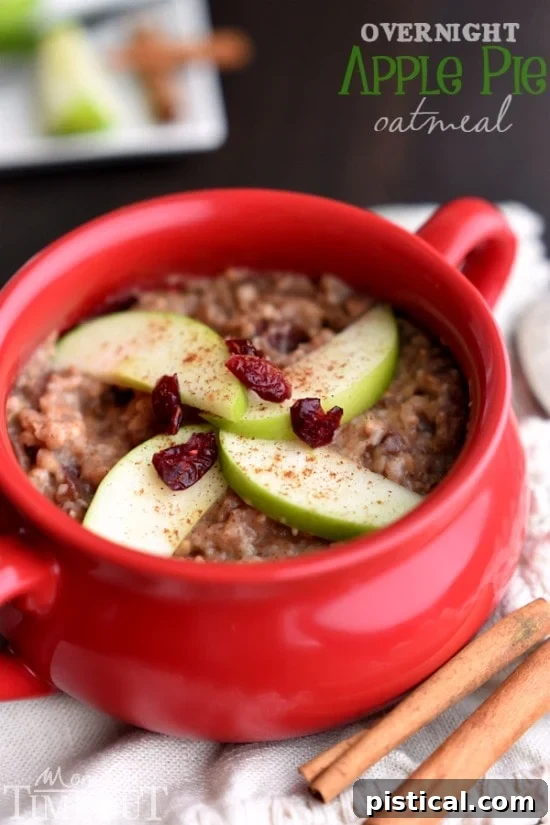 A steaming bowl of overnight apple pie slow cooker oatmeal, garnished with fresh apple slices and a sprinkle of cinnamon, ready to be enjoyed.