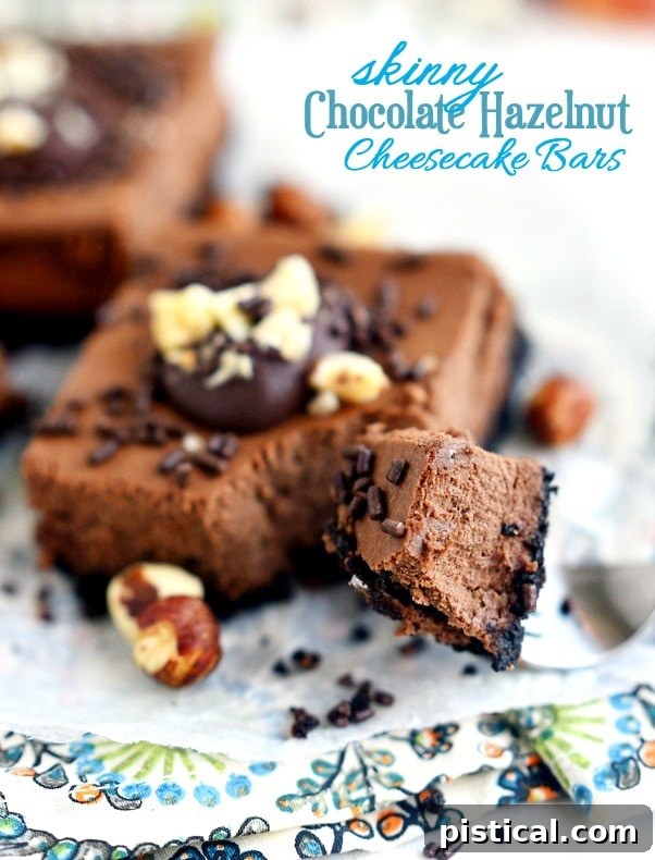 Delicious Skinny Chocolate Hazelnut Cheesecake Bars on a wooden board