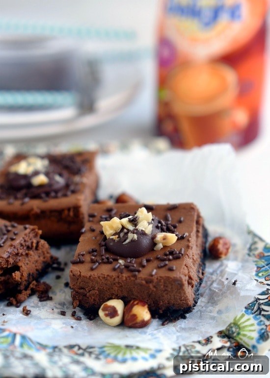 Close-up of a slice of Chocolate Hazelnut Cheesecake Bar