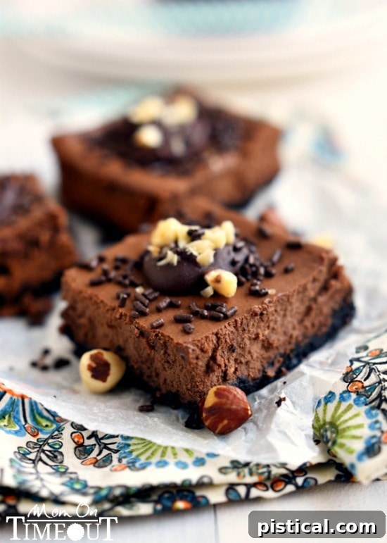 Overhead shot of Skinny Chocolate Hazelnut Cheesecake Bars with toppings