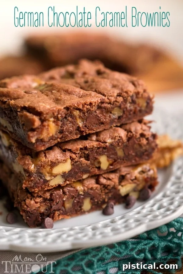Ultimate German Chocolate Caramel Brownies 2 Rich German Chocolate Caramel Brownies on a cooling rack, showcasing their fudgy texture and caramel swirls.