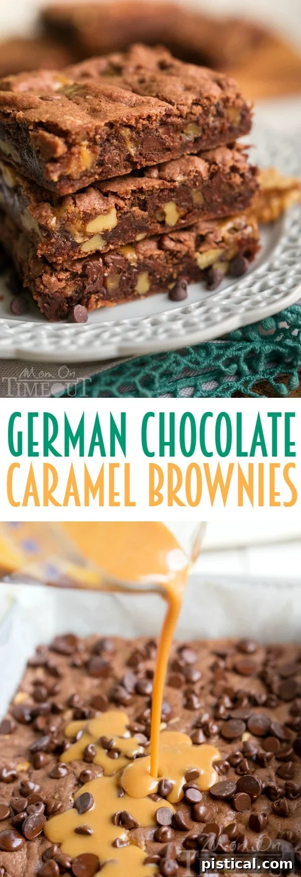 Ultimate German Chocolate Caramel Brownies 7 Stacked German Chocolate Caramel Brownies, glistening with caramel and chocolate.