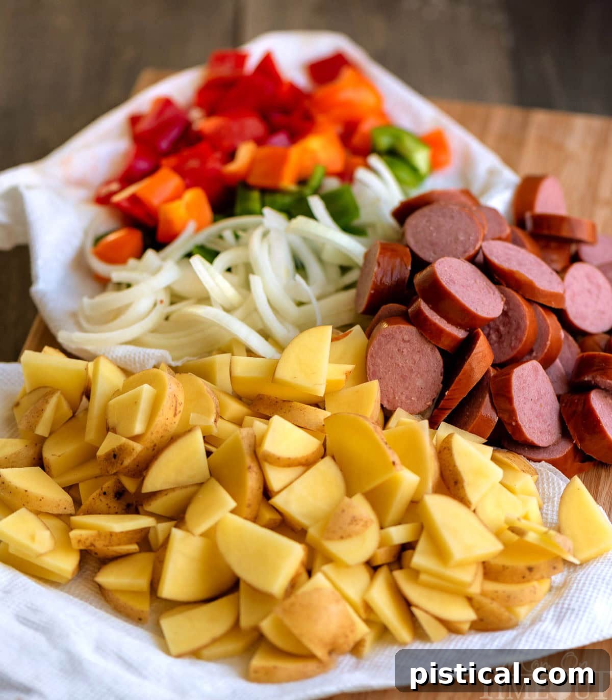 Kielbasa potato recipe ingredients all cut up and ready to be used.
