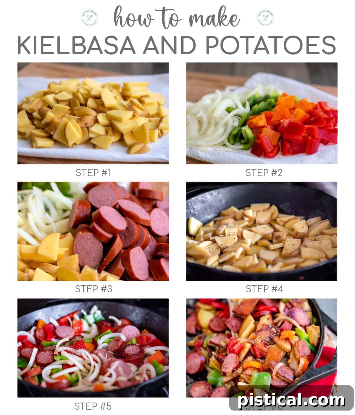 Six image collage showing how to make kielbasa and potatoes step by step.