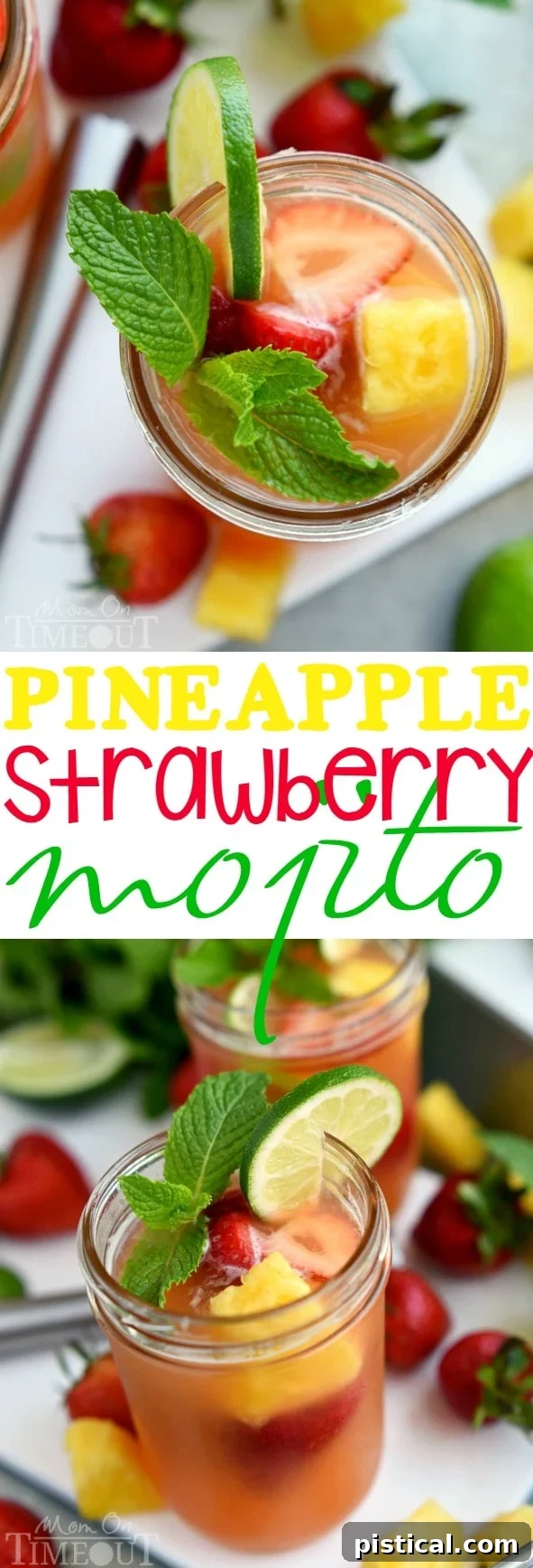Pineapple Strawberry Mojito -Perfectly cool, sweet, and SO refreshing, this fruit-infused cocktail has it all! So easy to make and pretty darn easy on the eyes! (Can be made virgin!) | MomOnTimeout.com