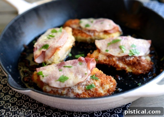 Speedy Skillet Chicken Cordon Bleu 3 Close-up of easy skillet chicken cordon bleu cooking, showing golden-brown panko crust on chicken cutlets before ham and cheese are added. A perfect quick and healthy chicken dinner.