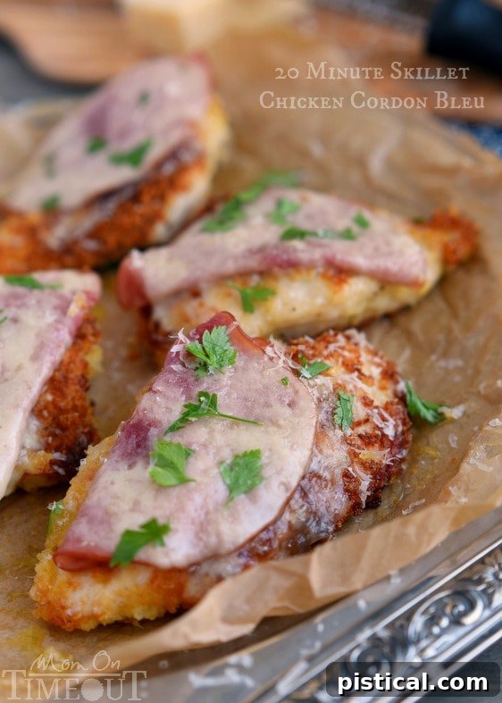 Speedy Skillet Chicken Cordon Bleu 5 Skillet chicken cordon bleu with perfectly melted Swiss cheese over ham and chicken, glistening with a white wine sauce. A gourmet meal made simple.