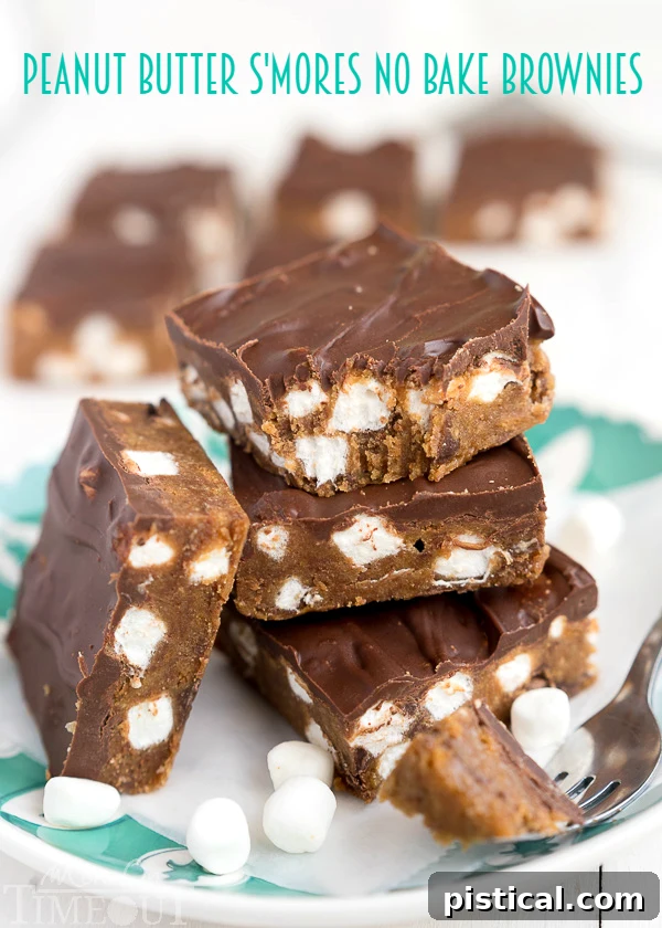 Decadent Peanut Butter S'mores No Bake Brownies can be whipped up in a jiffy and are just perfect for the hot summer months! This easy dessert recipe will having you coming back again and again. | MomOnTimeout.com