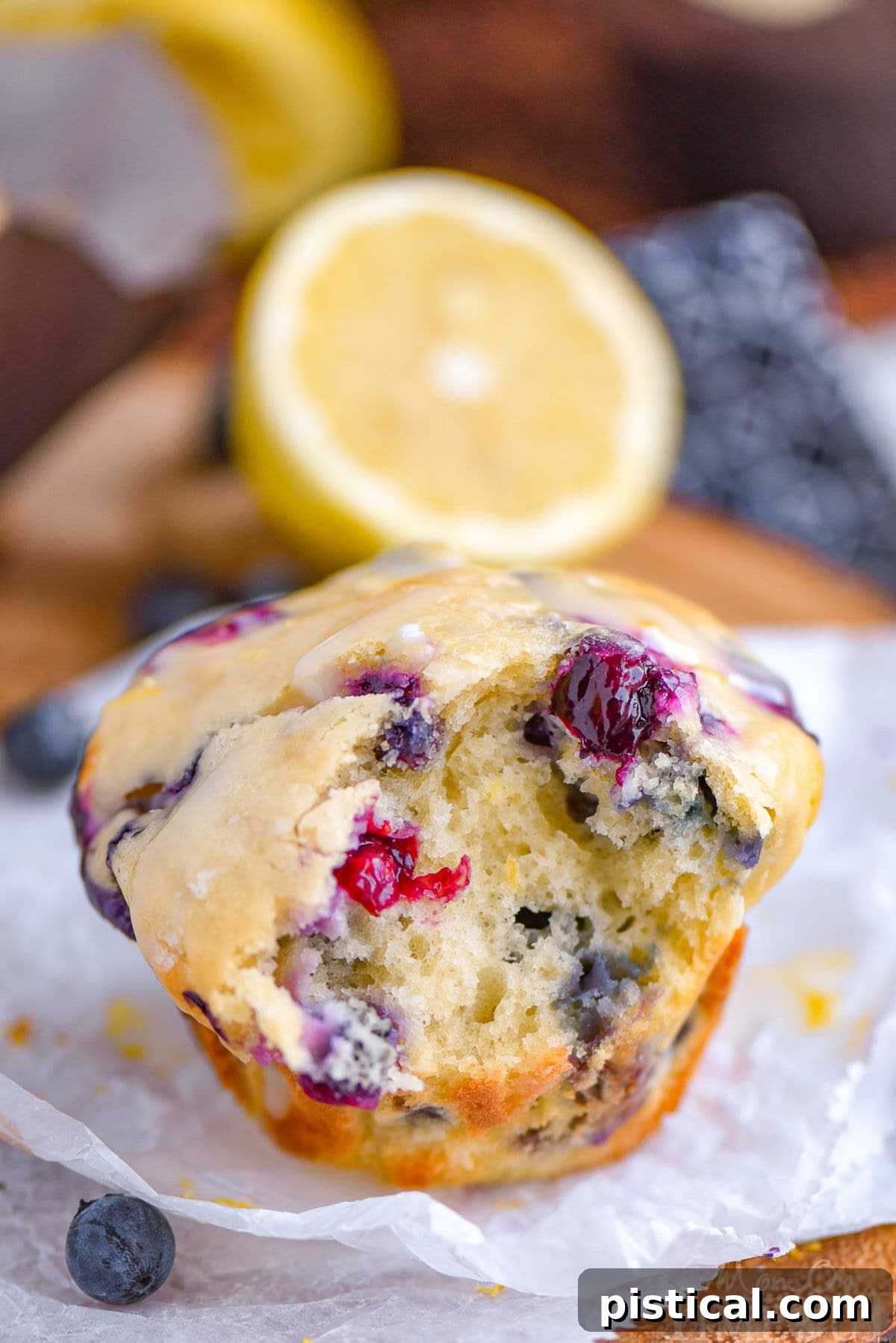 Zesty Lemon Blueberry Muffins with Cream Cheese Swirl 2 Blueberry muffin made with cream cheese and lemon sitting on white parchment with a bite taken out of the muffin. A lemon half can be seen in the background.