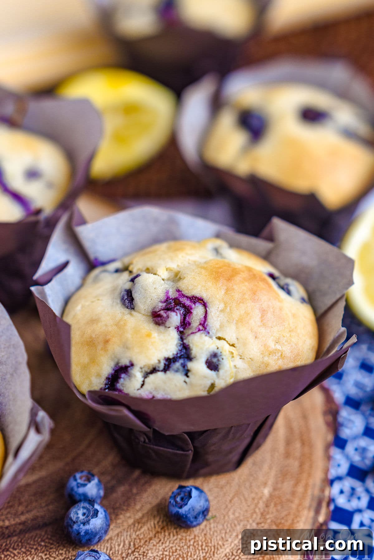 Zesty Lemon Blueberry Muffins with Cream Cheese Swirl 3 Blueberry Lemon Muffin in a parchment tulip liner sitting on a wood board next to a few blueberries.