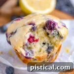 Zesty Lemon Blueberry Muffins with Cream Cheese Swirl 8 Blueberry muffin made with cream cheese and lemon sitting on white parchment with a bite taken out of the muffin. A lemon half can be seen in the background.