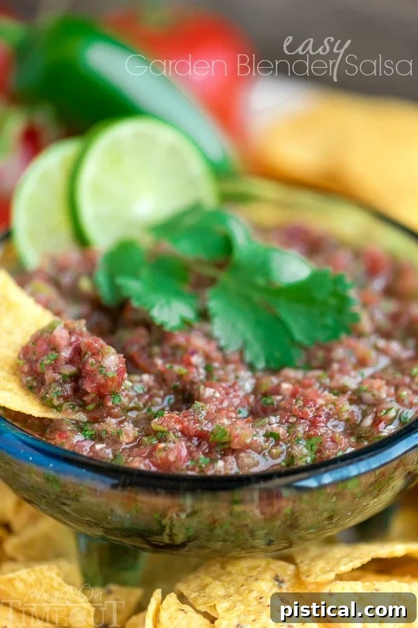 The tastiest salsa right from your garden! This Easy Garden Blender Salsa recipe is perfect for fresh tomatoes and will have you coming back again and again. Homemade salsa, garden-fresh ingredients, easy recipe for summer entertaining.