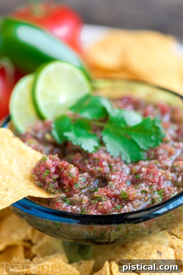 The tastiest salsa right from your garden! This Easy Garden Blender Salsa recipe is perfect for fresh tomatoes and will have you coming back again and again. Homemade salsa, garden-fresh ingredients, easy recipe for summer entertaining.
