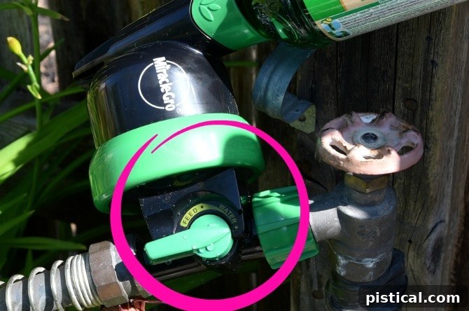 Miracle-Gro LiquaFeed switch set to 'feed' and 'water' modes, highlighting the easy operation.