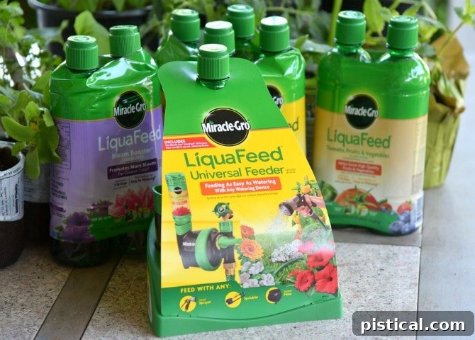 Selection of Miracle-Gro LiquaFeed products, including Bloom Booster and Tomato, Fruits, and Vegetables formulas, designed for targeted plant nutrition.