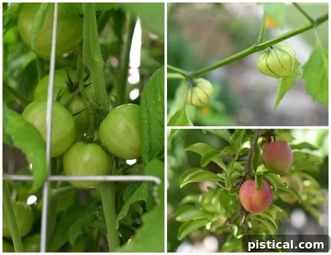 Abundant tomatoes on the vine, charming tomatillos resembling paper lanterns, and a plum tree heavy with ripe fruit.