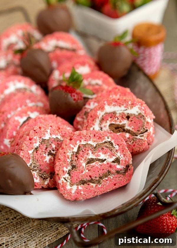An array of Chocolate Covered Strawberry Rice Krispies Treats Pinwheels, arranged artfully with fresh chocolate-dipped strawberries, creating a delightful and appetizing display. A MomOnTimeout.com recipe for parties.