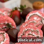 A close-up image of the delicious Chocolate Covered Strawberry Rice Krispies Treats Pinwheels.