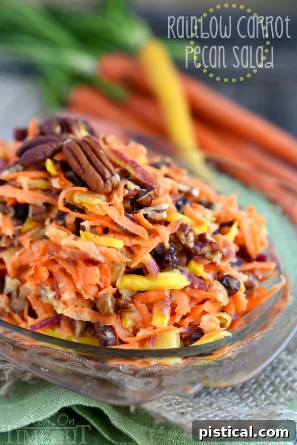 Another beautiful shot of the 5 Minute Rainbow Carrot Pecan Salad, ready to be served. The texture and colors make it an appealing and healthy option for any meal.