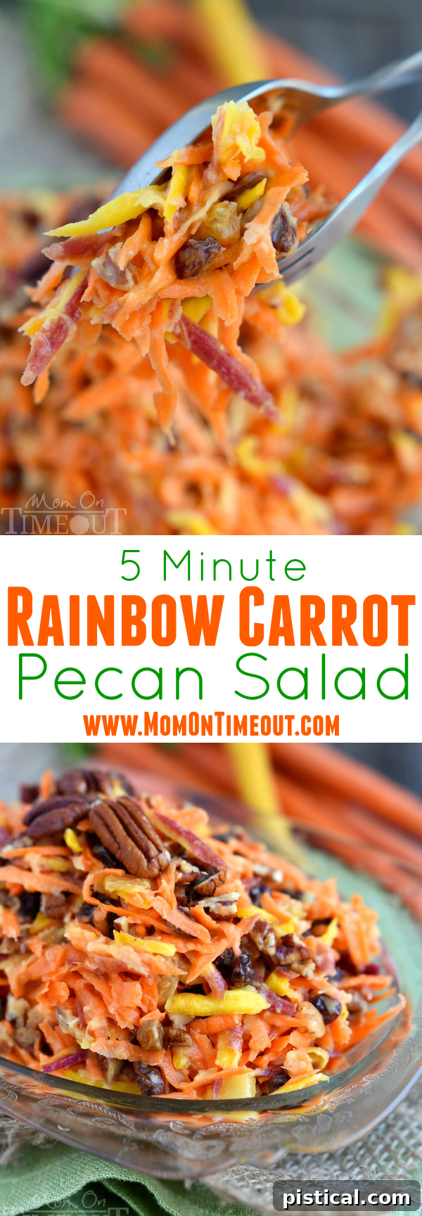 A vibrant, close-up shot of the finished Rainbow Carrot Pecan Salad, ready to be served. Ideal for health-conscious foodies and busy individuals.
