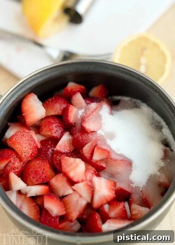 strawberry ice cream topping ingredients in a saucepan including strawberries and sugar and lemon juice