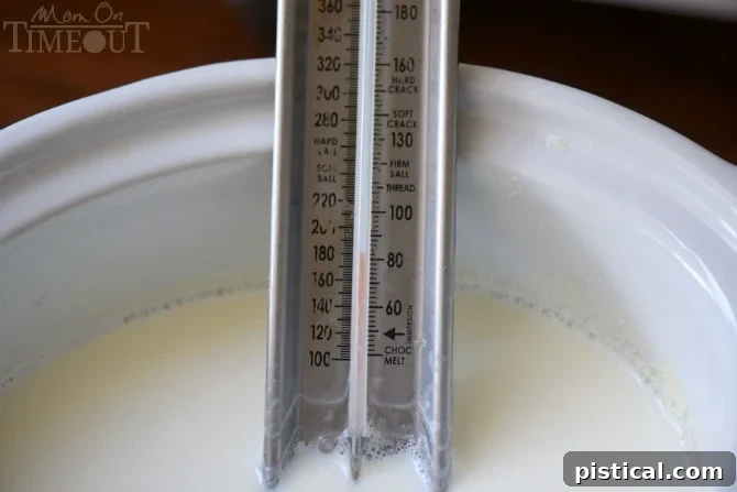 Milk heating in a slow cooker, reaching 180°F for yogurt preparation.