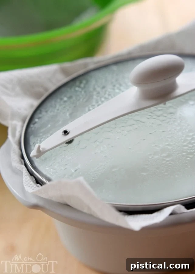 Paper towel placed under the slow cooker lid to absorb steam during cooling.