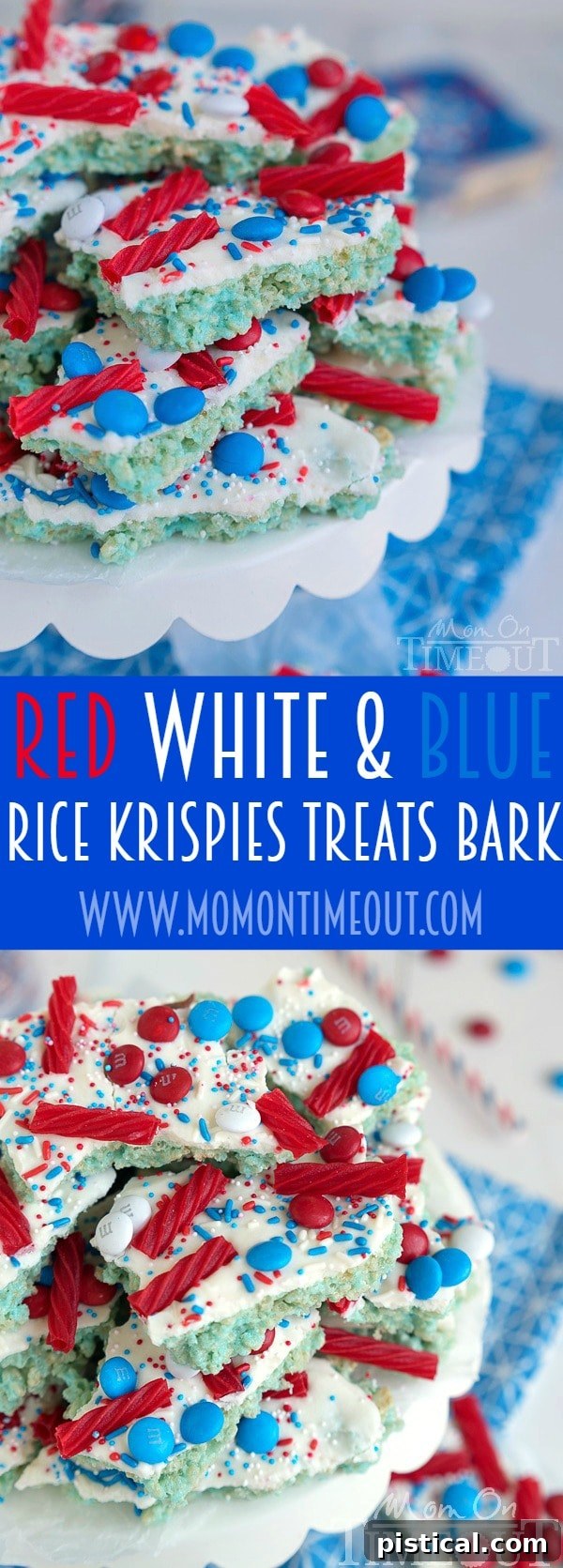 A large tray of completed Red White and Blue Rice Krispies Treats Bark, perfectly set and ready to be broken into festive pieces and served.