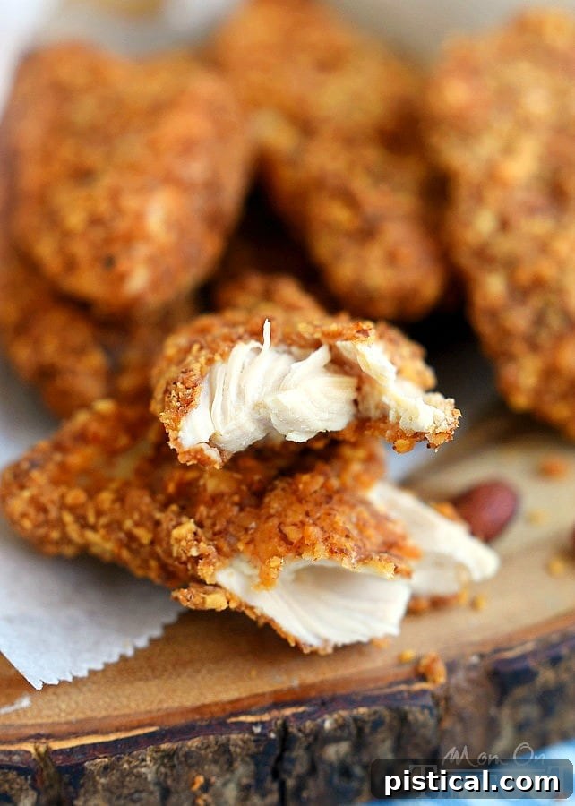 Close-up of golden-brown Sriracha Almond Crusted Chicken Strips, some torn in half to show the juicy interior, arranged beautifully on a wooden board.