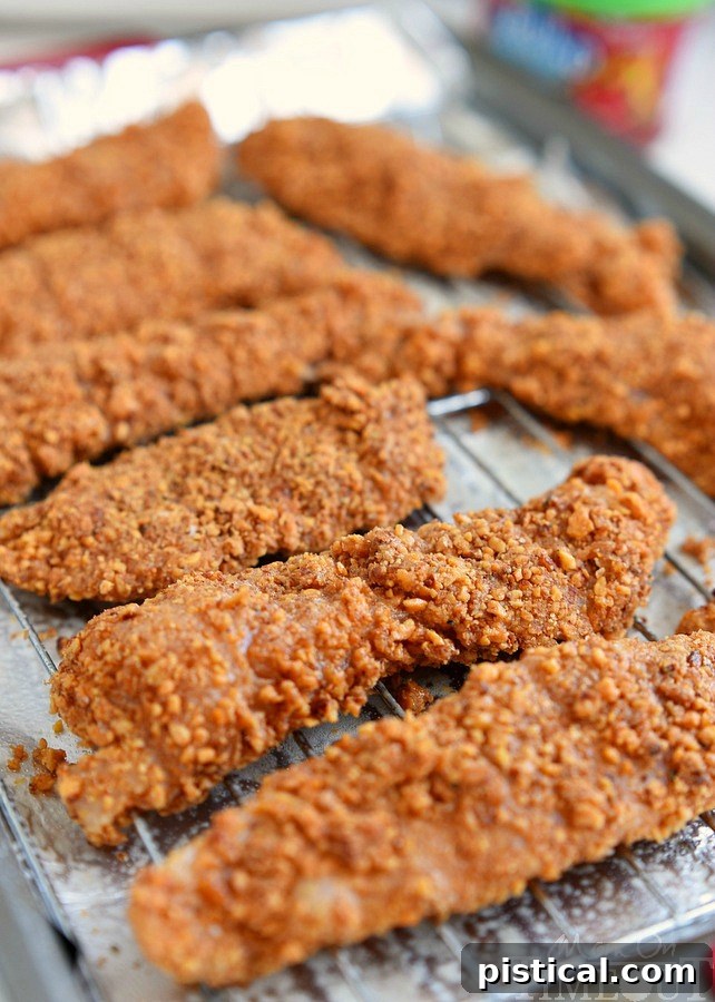 Chicken strips coated in the almond mixture, neatly arranged on a metal wire rack set over parchment paper on a baking sheet, ready for the oven.