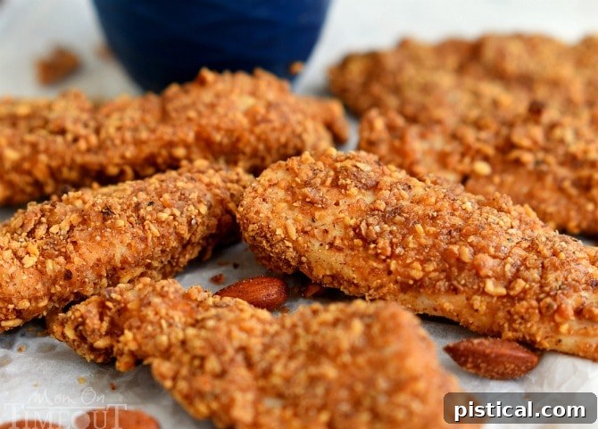 Freshly baked Sriracha Almond Crusted Chicken Strips on parchment paper, with scattered almond bits, showcasing their golden and crunchy texture.