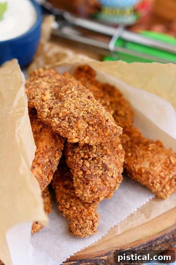 Six Sriracha Almond Crusted Chicken Strips neatly wrapped in parchment paper, presented as a delicious, portable meal or snack option.
