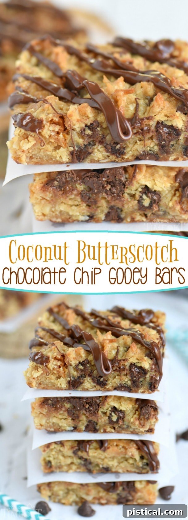 A close-up of the delicious Coconut Butterscotch Chocolate Chip Gooey Bars, showcasing their gooey center and rich topping.